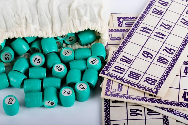 Barriles Bolsa Lotería Rusa Juego Bingo Sobre Fondo Claro —  Fotos de Stock
