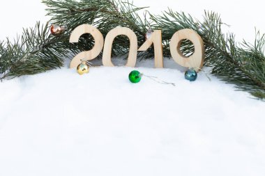 Yeni yıl ve Noel Tema çam dalları ve kar. 2019. seçici odak.