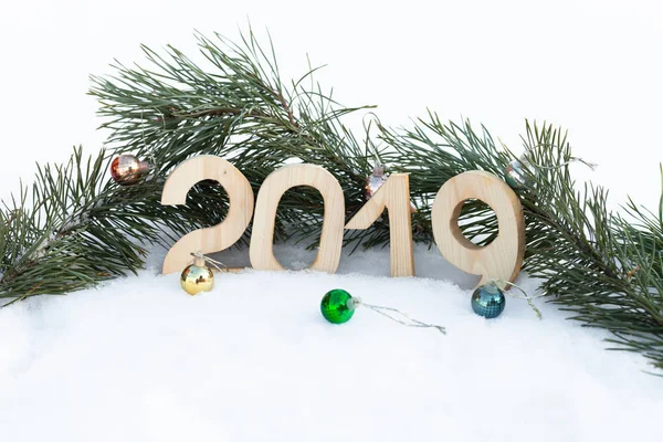 New Year Christmas Theme Fir Branches Snow 2019 Selective Focus — Stock Photo, Image