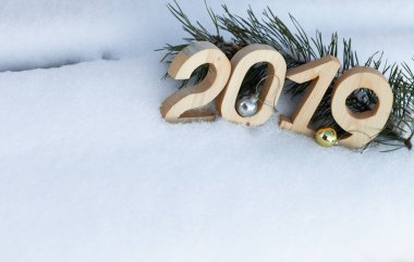 Yeni yıl ve Noel Tema çam dalları ve kar. 2019. seçici odak.