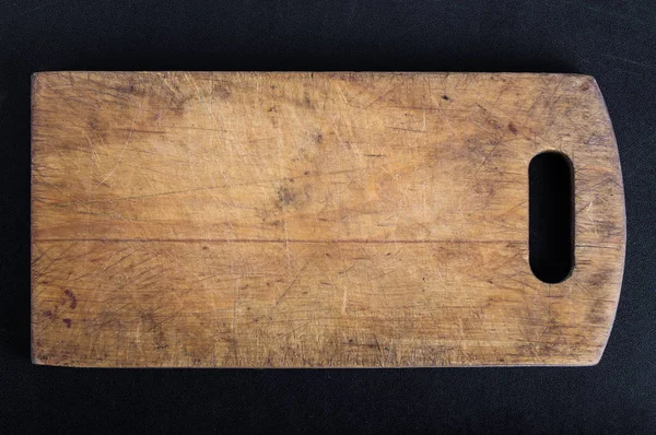 Handmade Burned Cutting Board Black Background Rough Weathered Wooden Board — Stock Photo, Image