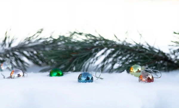 New Year Christmas Theme Fir Branches Snow Selective Focus — Stock Photo, Image