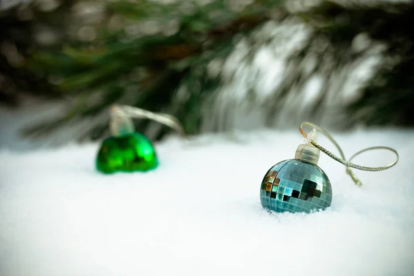 New Year Christmas Theme Fir Branches Snow Selective Focus Toned — Stock Photo, Image