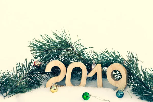 Año Nuevo Tema Navidad Con Ramas Abeto Nieve 2019 Enfoque —  Fotos de Stock