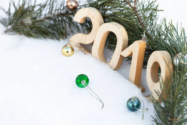 New Year Christmas Theme Fir Branches Snow 2019 Selective Focus — Stock Photo, Image