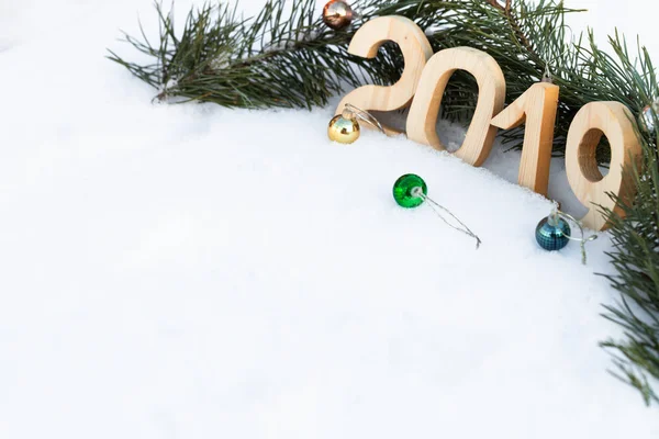 Año Nuevo Tema Navidad Con Ramas Abeto Nieve 2019 Enfoque —  Fotos de Stock