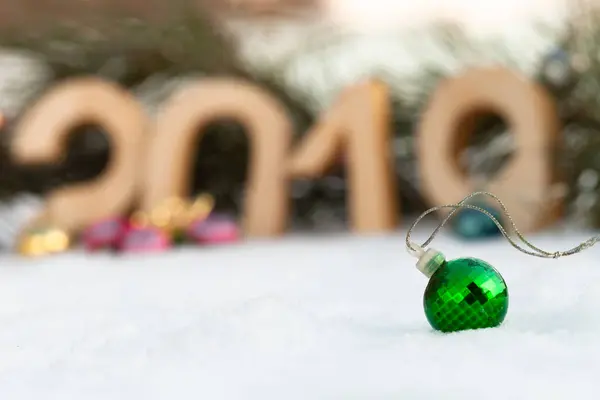 Nowy Rok Boże Narodzenie Tematu Gałęzi Jodły Śniegu 2019 Selektywnej — Zdjęcie stockowe