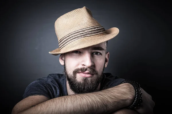 Portrait Young Man Beard Hat Toned — Stock Photo, Image