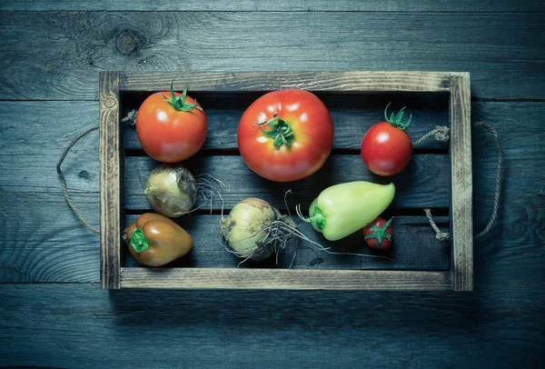 Verduras frescas en una caja de textura rústica quemada para el fondo . — Foto de Stock