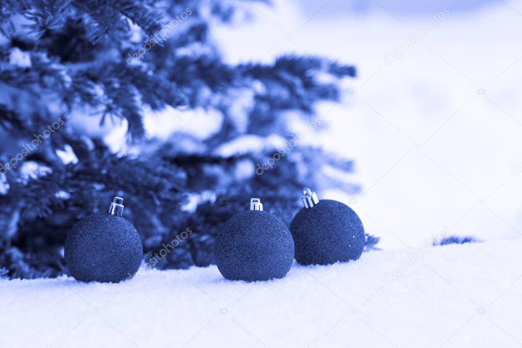 Cristmas tree branches and bright balls on a clean pure snow for