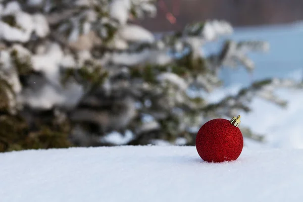 Rami di albero di Natale e palle luminose su una neve pura pulita per — Foto Stock