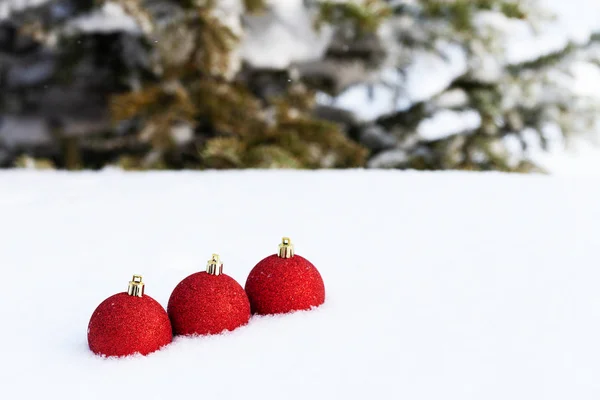 Rami di albero di Natale e palle luminose su una neve pura pulita per — Foto Stock