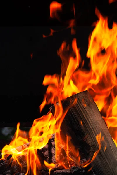 Burning wood logs, cooking on fire, warm evening, sparkles in th — Stock Photo, Image