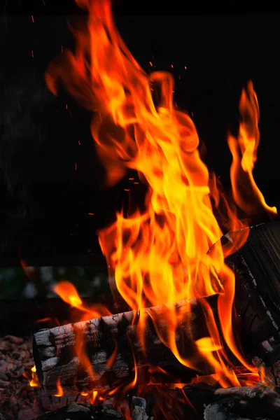 Spalanie drewna dzienniki, gotowanie w ogniu, ciepły wieczór, błyszczy w th — Zdjęcie stockowe