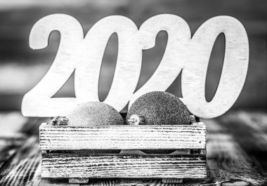 Ahşap figürleri ile yeni yıl kompozisyon 2020. Tonda
