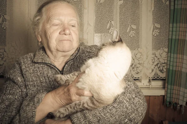 Elderly woman with cat in rustic interior. Toned