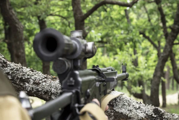 On a hunt in the forest. Targeting the gun barrel on the target from an ambush