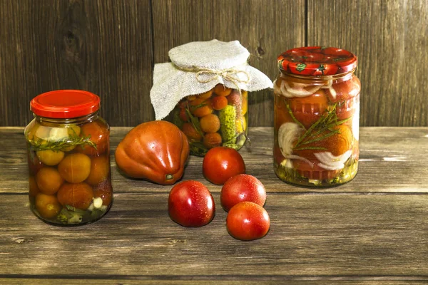 Food Homemade Canned Vegetables Jars Marinated Tomatoes Cucumbers Background Wooden — Stock Photo, Image