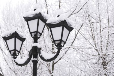 Kış kar cityscape. Bulutlu hava karlı ağaçların bir arka plan üzerinde retro tarzı Vintage fener