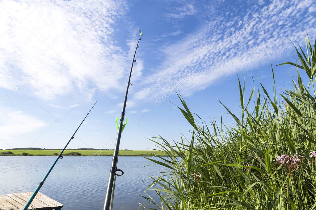 Hobbies, seasonal leisure and outdoor activities in the summer outdoors. Fishing on the shore of the reservoir, a fishermans rig next to the reeds on the lake, two rods against the blue sky.
