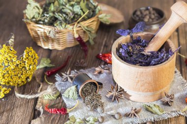 Şifalı otlar için terapi ve baharatlı baharat kokulu kurutulmuş. Mor fesleğen, solucan otu, biber, kırmızı biber ve kakule, rustik tarzda bir harç tabloda yanıyor.