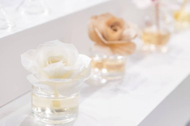 Temiz, hijyen, Aromaterapi, spa ve sağlık. Gül çiçek için ev ve bina farklı kokular ve aroma ile şeklinde aromatik hava temizleyici hava temizleyici cam kavanozlar