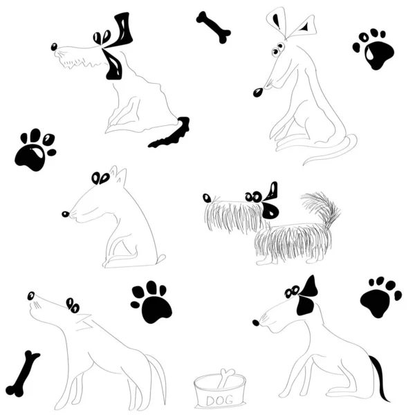 Hand-drawn black and white set of sketches of silhouettes of funny funny dogs on a white background — Stock Photo, Image