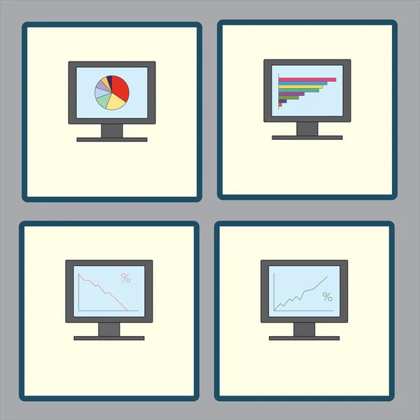 Sada ikon s počítačovými monitory s grafy s analytickými grafy pro sestavy, podnikové vykazování — Stock fotografie