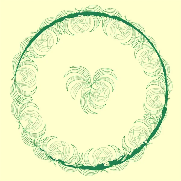 창백한 베이지 색 배경에 원 녹색 패턴의 손바닥 잎이있는 세련된 트렌디 한 라벨 모형 프레임과 텍스트용 복사 공간이있는 블록 — 스톡 사진