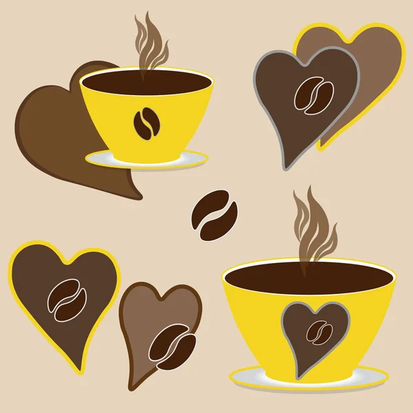 コーヒーが大好きです。コーヒーカップにホットコーヒーと黄色の蒸気をソースにセットし、ベージュを背景にコーヒー豆を入れた茶色のチョコレートハート — ストック写真