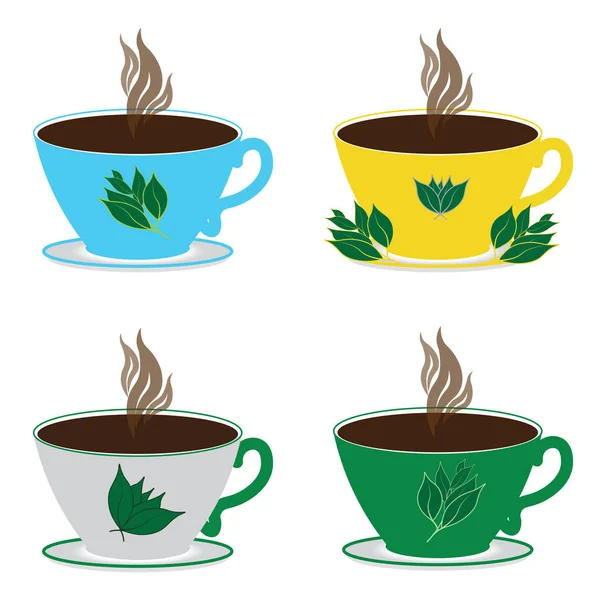 Sete quatro xícaras de chá de cores diferentes com chá preto quente e folhas de chá em um fundo branco — Fotografia de Stock