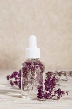 Beden eğitimi. Bitkisel Alternatif Tıp. Bej arka planda bir masada, sağlık için bir pipetle baloncuğun içinde tıbbi bir bitki kekikotu enfüzyonu. Kozmetik ürünü.