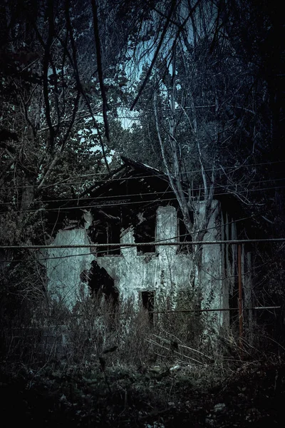 Τρομακτικό Παλιό Σπίτι Κάηκε Στο Δάσος Στο Ύφος Του Τρόμου — Φωτογραφία Αρχείου