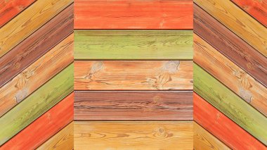 Sonbahar konsepti, arka plan ahşap çizgili yatay köşegen çok renkli turuncu yeşil kahverengi geometrik boyanmış tahtaların doku yüzeyi boş renkler
