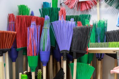 Ev eşyalarının satışı, ev için temizlik malzemeleri vitrinde farklı ahşap saplı plastik süpürge fırçaları.
