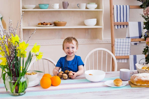 Little Boy Kitchen Kid Playing Eggs Kitchen Modern Light Kitchen — Stock Photo, Image