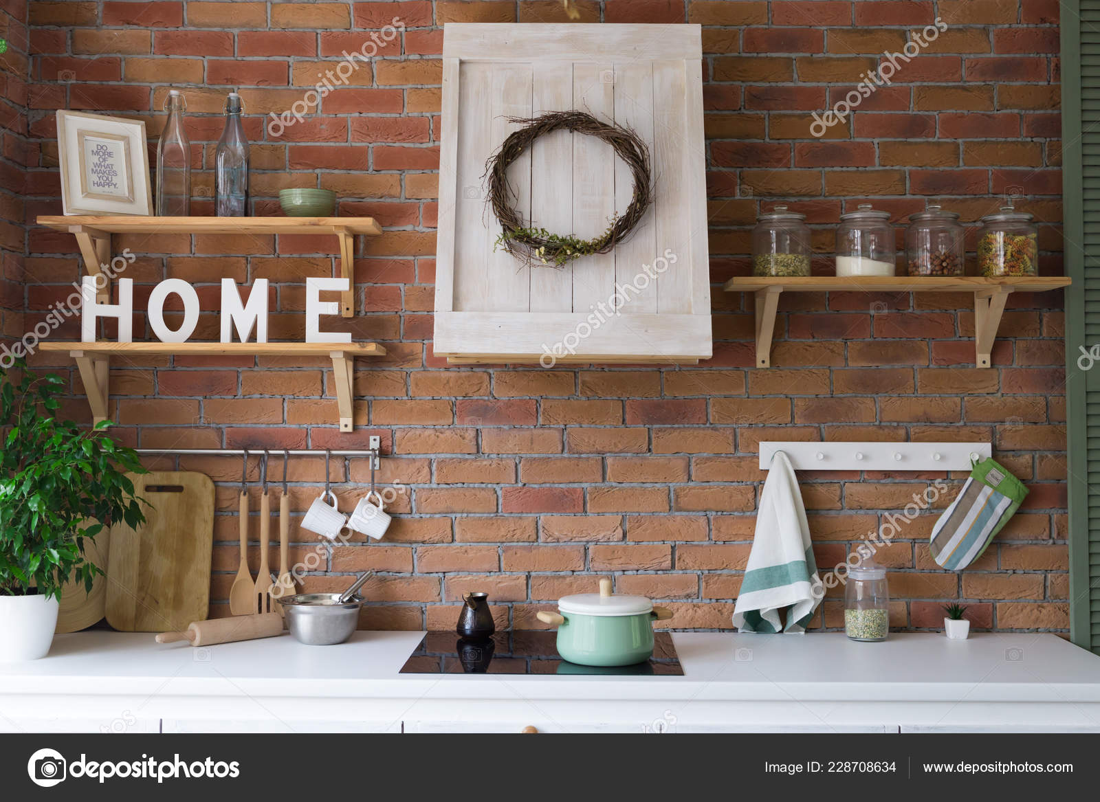Design Modern Home Kitchen Loft Rustic Style Brick Wall Background