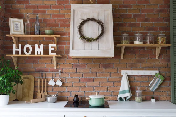 Progettazione Una Cucina Moderna Stile Loft Rustico Parete Mattoni Sfondo — Foto Stock