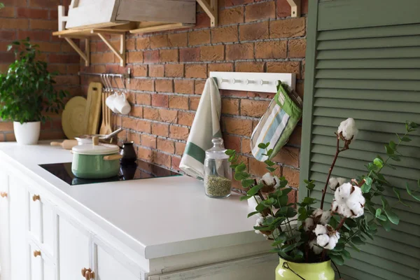 Modern Kitchen Loft Style Brick Wall Interior Details White Table — Stock Photo, Image