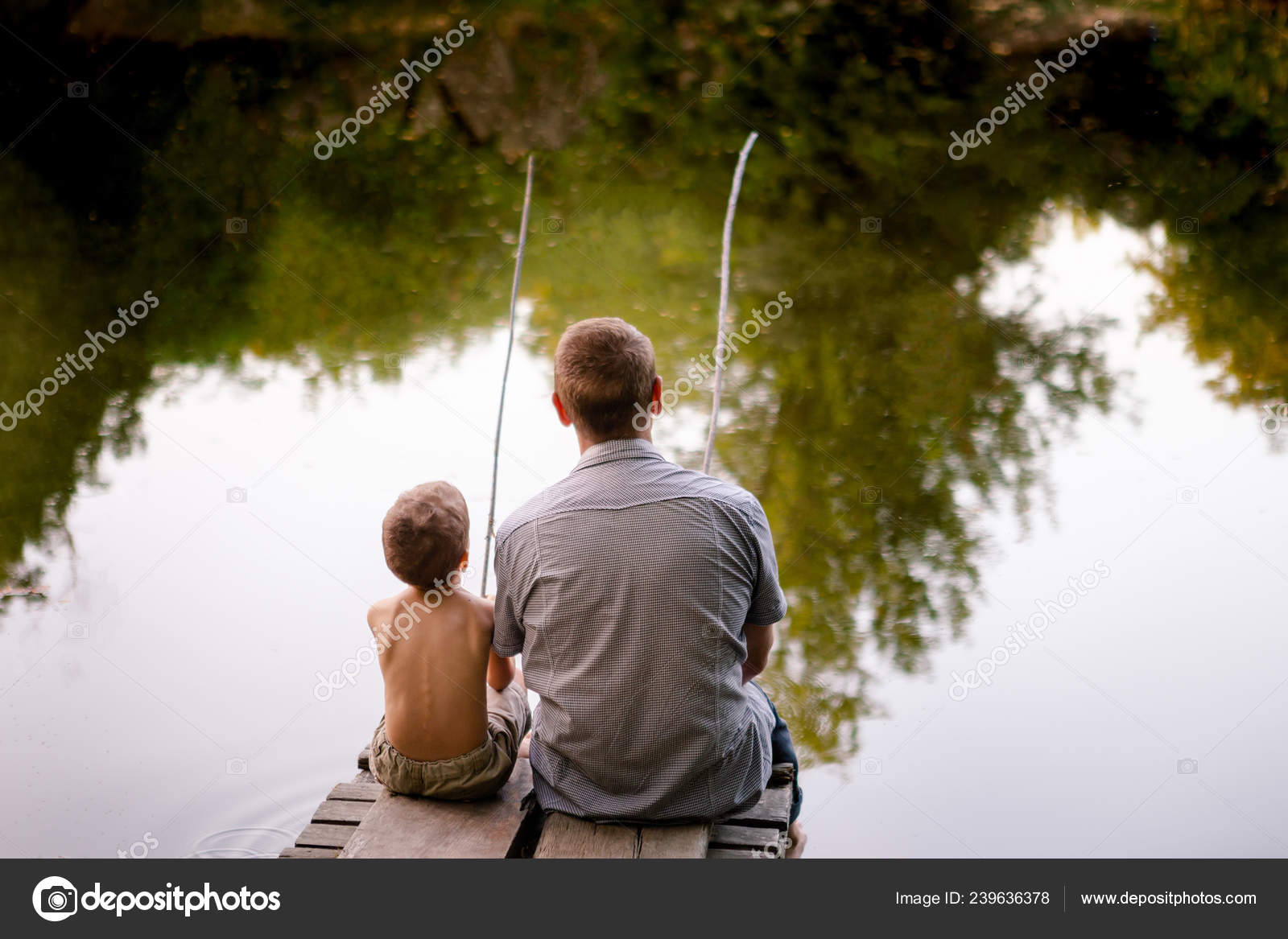 Dad Son Fishing Outdoors View Back Father His Son Fishing Stock