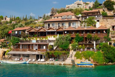 Kemer, Turkey - Ekim, 2018: Antik kent Simena Türkiye ' de Akdeniz, binaların atış kapatın. Manzara, deniz görünümü.