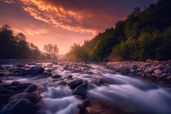 Bella alba sul fiume di montagna che scorre veloce — Foto Stock