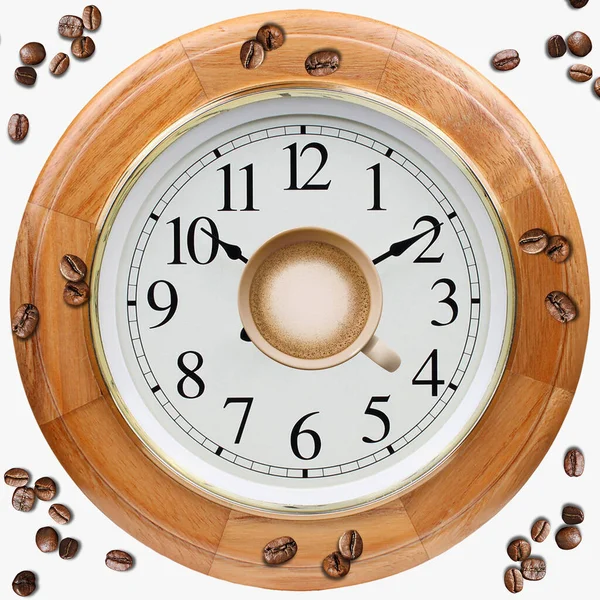 コーヒーの時間構成 時計の顔にコーヒーカップとローストビーンズの上からの眺め コーヒータイムシンボル 面白いアイデアエネルギーとリフレッシュコンセプト — ストック写真