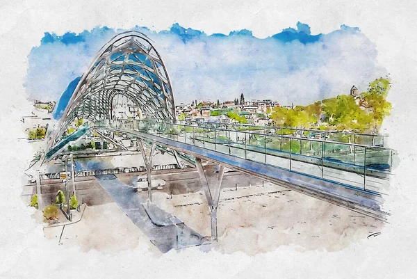 Dibujo Acuarela Ilustración Del Puente Paz Sobre Río Kura Tiflis —  Fotos de Stock