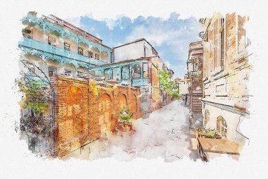 Tiblis 'teki geleneksel Avrupa kentsel mimarisinin suluboya çizimi veya çizimi. Georgia 'nın başkenti