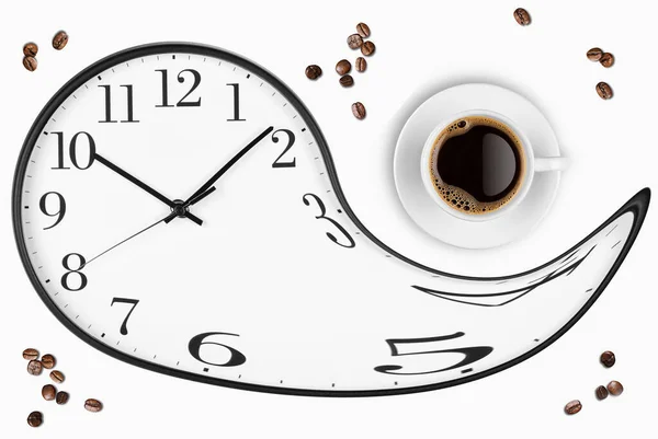 Σύνθεση Ώρας Καφέ Καφές Ρολόι Πρόσωπο Και Ψητά Φασόλια Πάνω — Φωτογραφία Αρχείου