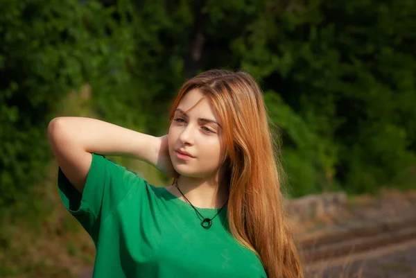 Young Beautiful Model Posing Railroad Tracks — Stock Photo, Image