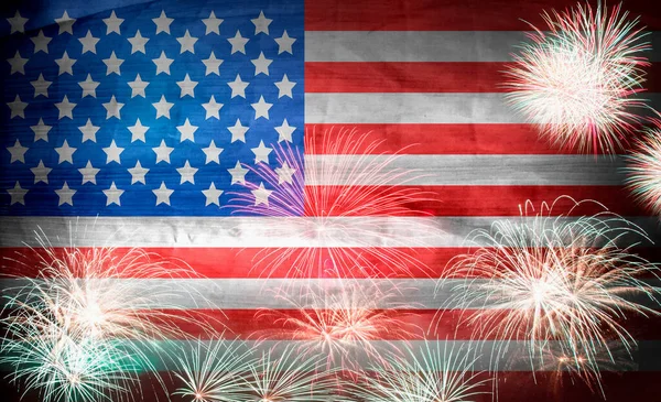 Usa Flagge Auf Feuerwerk Hintergrund Juli Unabhängigkeitstag Vaterländischer Feiertag Feierkonzept — Stockfoto