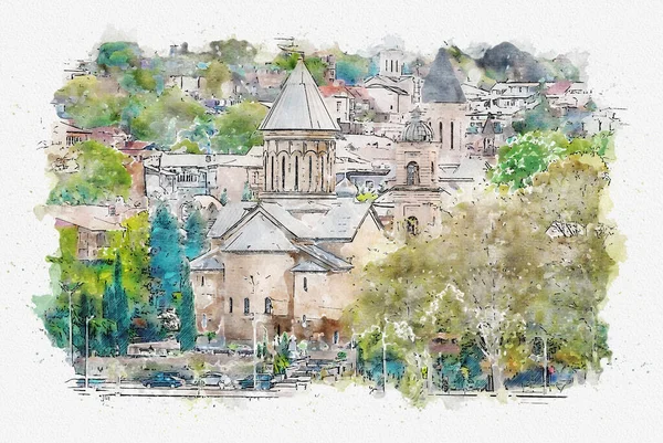 Dibujo Acuarela Ilustración Antigua Iglesia Sioni Tiflis Georgia — Foto de Stock