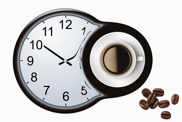 Kávéidő Összetétel Kávéscsésze Órafejjel Sült Babbal Felülnézetből Kávéidő Szimbólum Érdekes — Stock Fotó